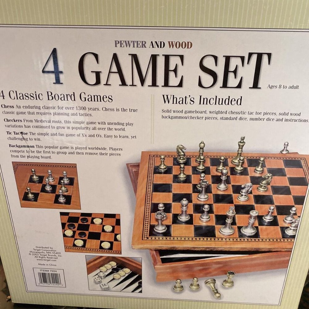 Wood and Pewter 4 Classic Games. Chess, Backgammon, Tic Tac Toe Checkere